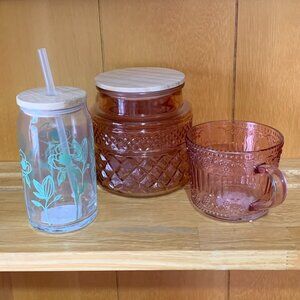 Pink Glass Canister Jar Wood Lid Cup Drinking Glass Straw 3 Piece Kitchen Decor